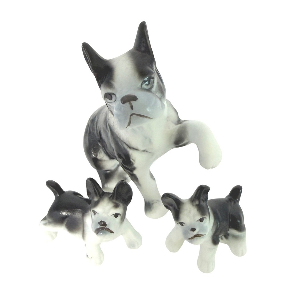 Vintage Bone China Boston Terrier Dog Family Figurines Japan Set of 3 Miniature